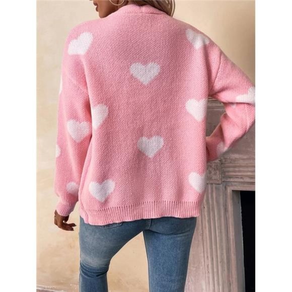 Heart Button Up Cardigan-Pink/White - Picture 2 of 6